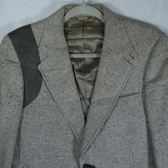 Vintage Tweed Blazer 40R-42R Gray Herringbone Elbow Patch Union Made Academia - Picture 3 of 16